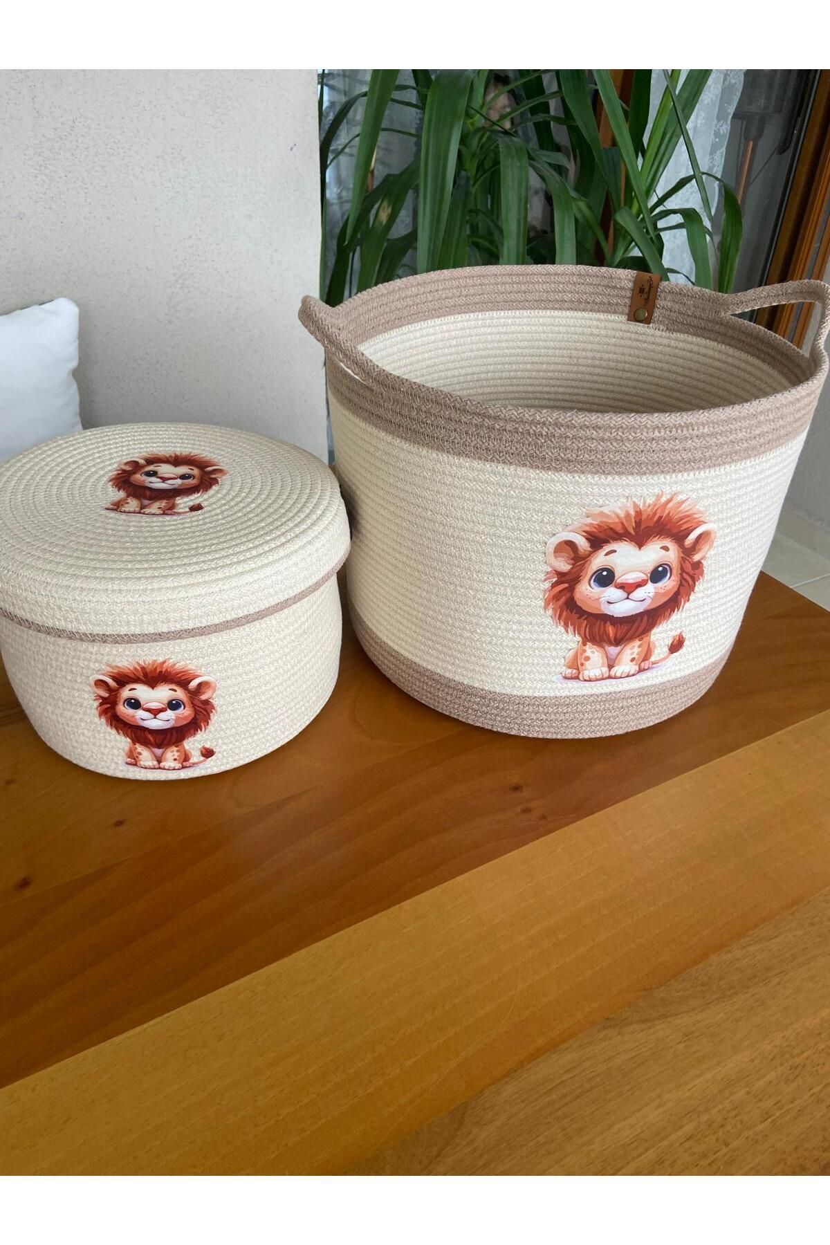 Nev Design Çocuk Odası 2'li Sepet Takımı, Oyuncak Sepeti, Düzenleyici Koyu Bej Krem Aslan