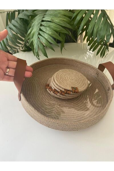 Nev Design Kahve Sunum Tepsisi ve 6'lı Bardak Altlığı %100 Doğal Jüt
