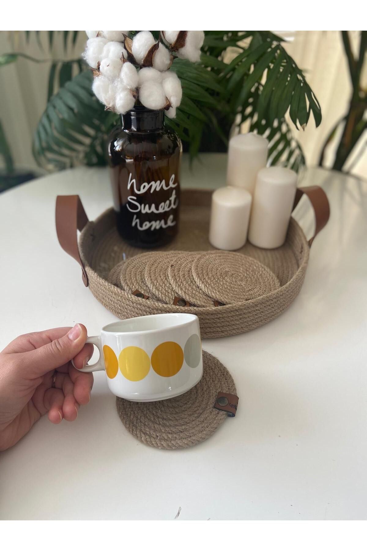 Nev Design Kahve Sunum Tepsisi ve 6'lı Bardak Altlığı %100 Doğal Jüt