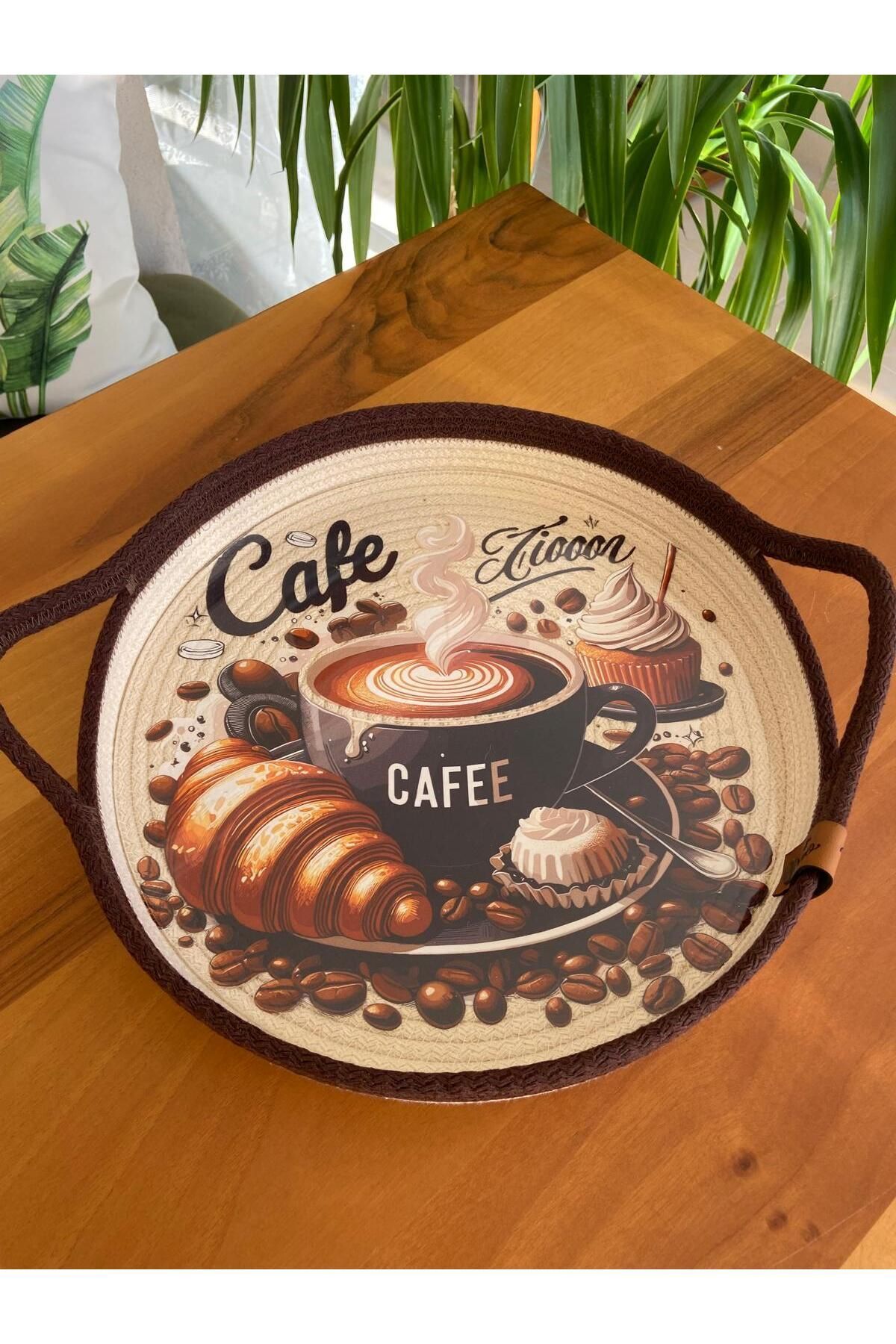Nev Design Kahve Sunum Tepsisi, Dekoratif, DFT baskı Koyu Kahve-Krem