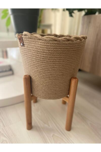 El Yapımı Doğal Jüt İp Saksılık, Sepet ve Ahşap Ayak, Hasır, Dekoratif