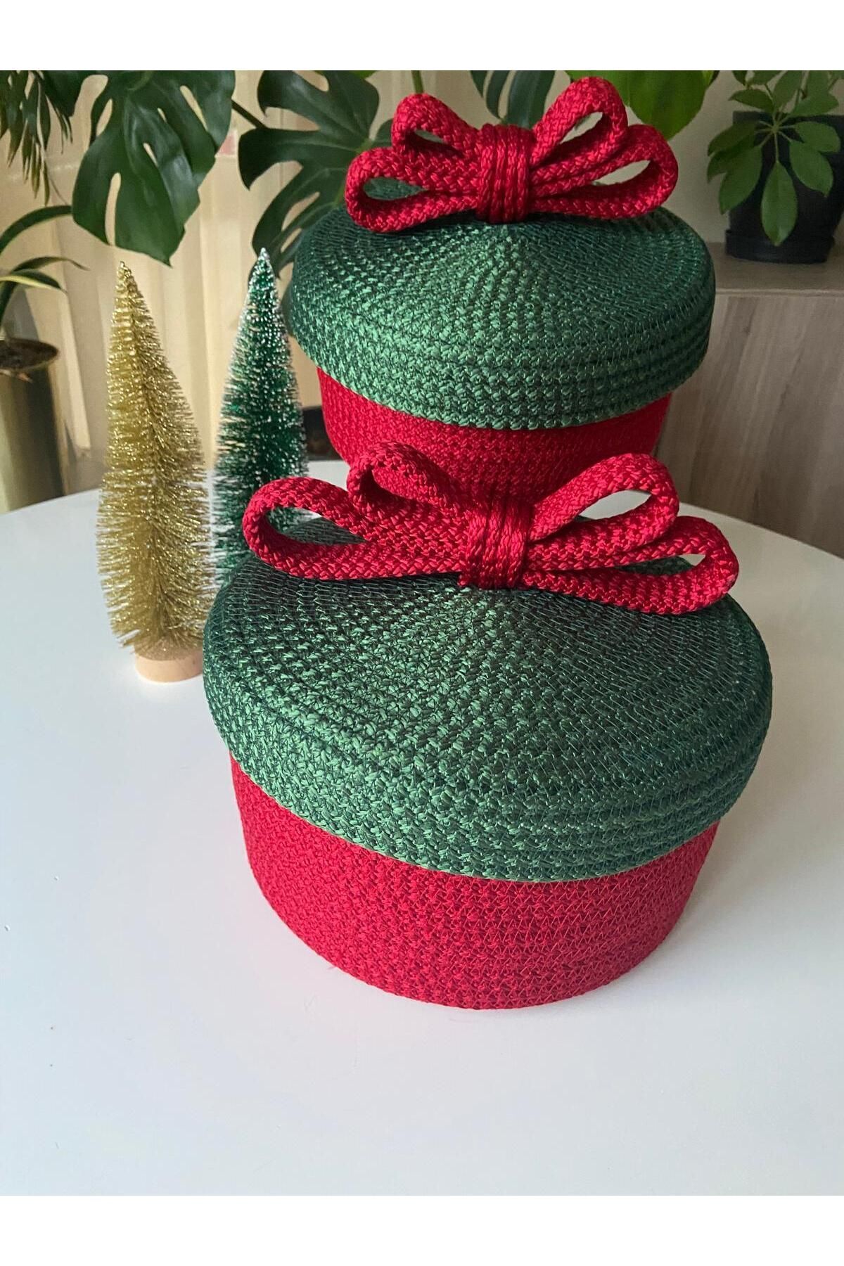 Nev Design Kapaklı 2'li Dekoratif Sepet, Yılbaşı Konsept Kırmızı Yeşil