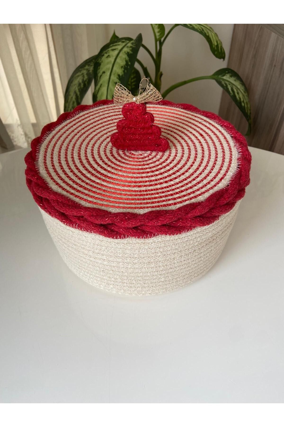 Nev Design Yılbaşı Konsept, Düzenleyici, Dekoratif Kapaklı Sepet, Krem Kırmızı