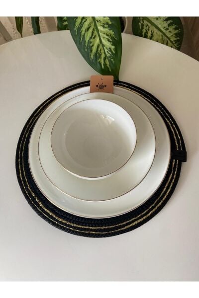 Nev Design 6'lı Supla ve Ekmek Sepeti Takımı, Amerikan Servis, Leke Tutmaz, Siyah-Gold