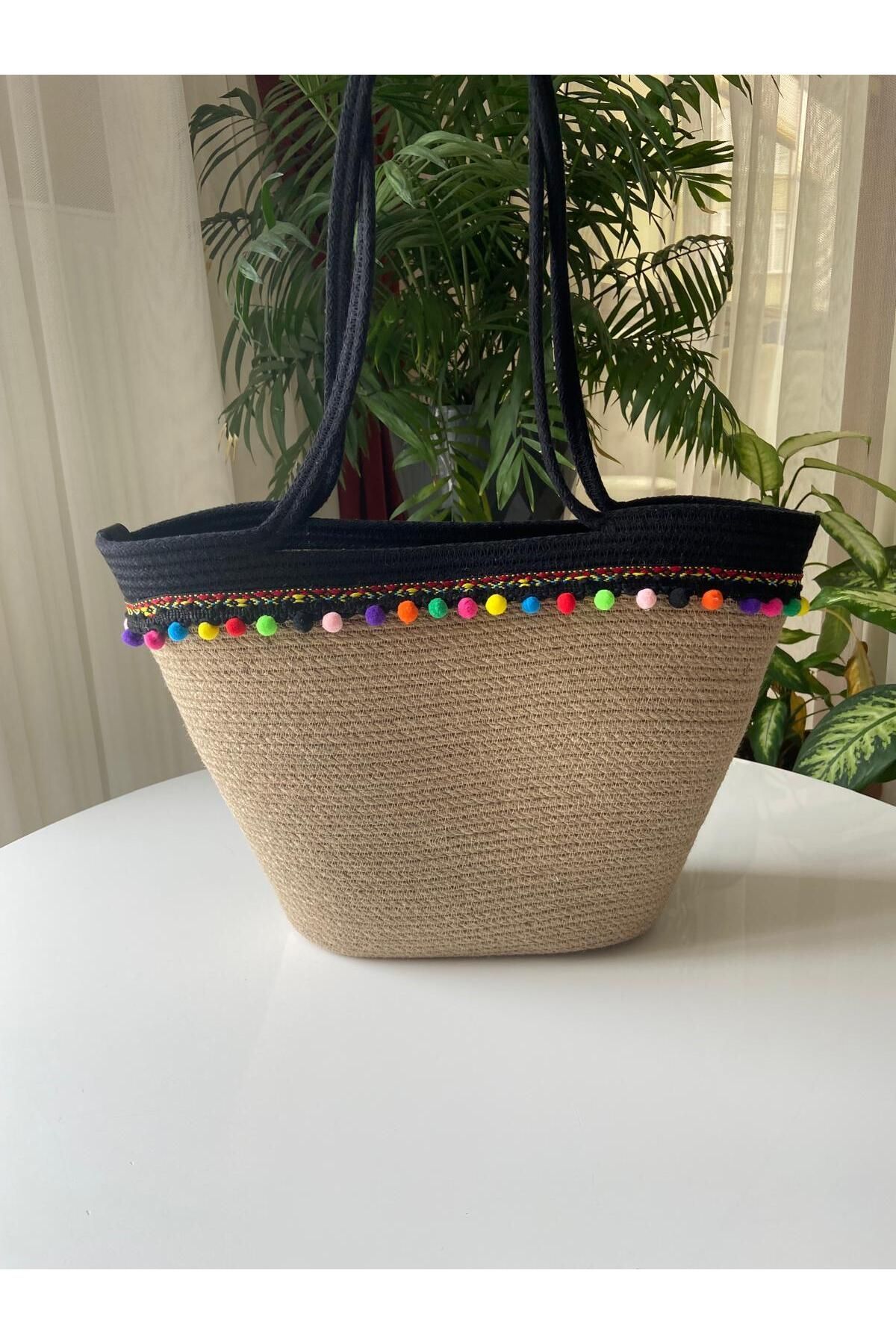 Nev Design Renkli PonPon Detaylı Jüt Plaj Çantası