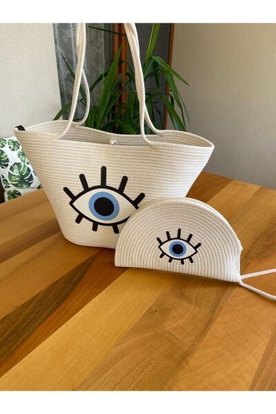 Nev Design Ekru 2'li Plaj Çantası ve D-Clucth Çanta Takımı