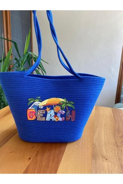 Nev Design ''Beach'' Transfer Baskılı Plaj Çantası Saks Mavisi