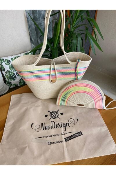 Nev Design 2'li Set Plaj Çantası, D-clutch Çanta, Krem, Renk Geçişli