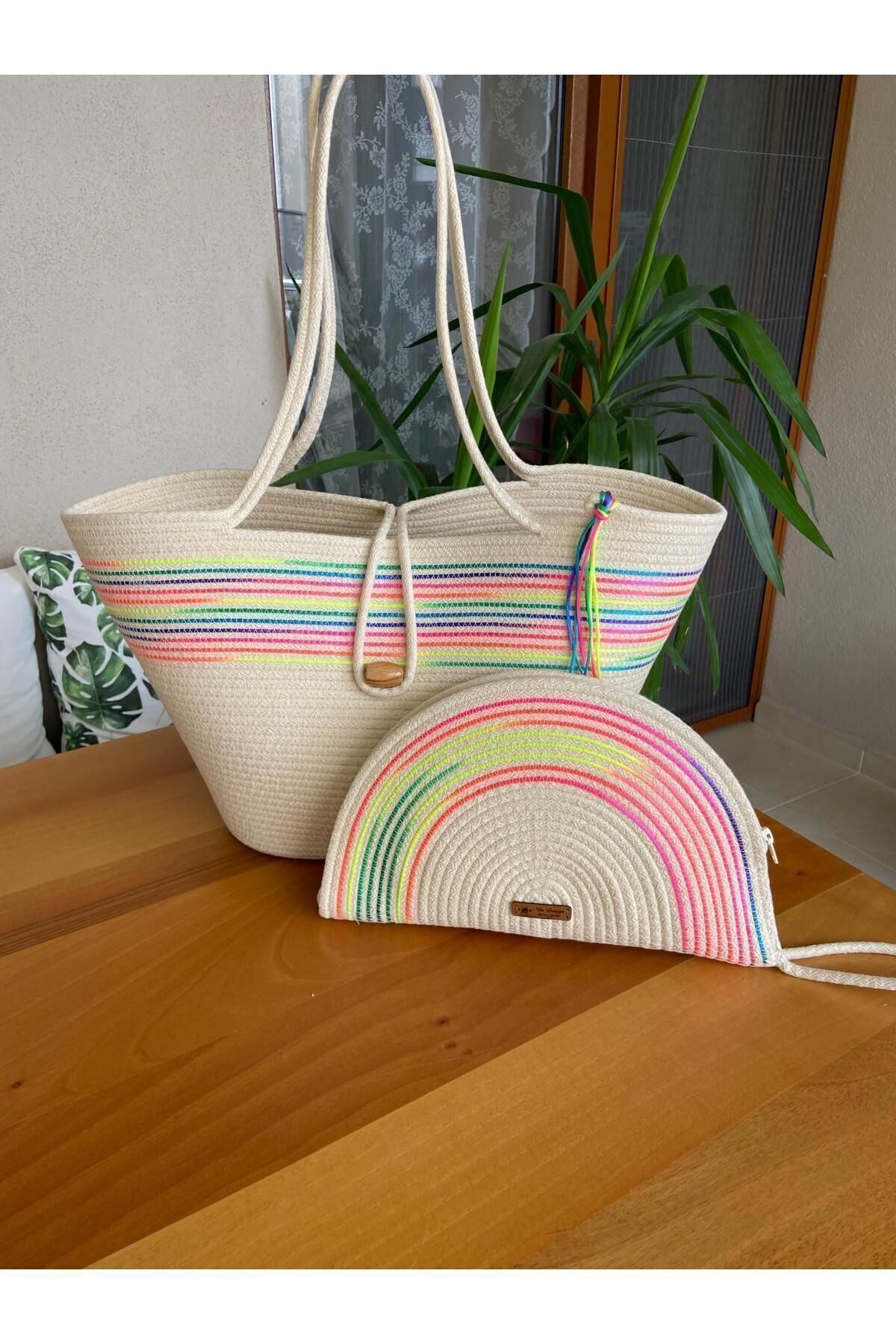 Nev Design 2'li Set Plaj Çantası, D-clutch Çanta, Krem, Renk Geçişli
