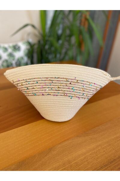 Nev Design Konfeti İp (Siyah-Renkli)Geçişli Krem V Clutch Çanta