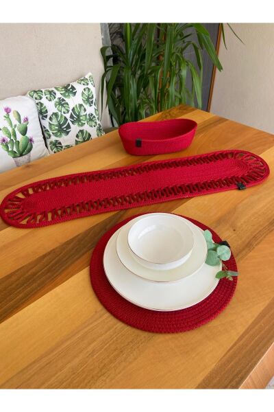 Nev Design 6 Adet Supla (Amerikan Servis), Runner ve Ekmek Sepeti Takımı,  Kırmızı