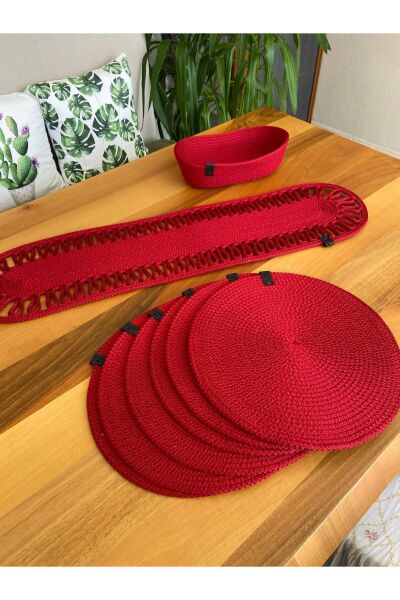 Nev Design 6 Adet Supla (Amerikan Servis), Runner ve Ekmek Sepeti Takımı,  Kırmızı