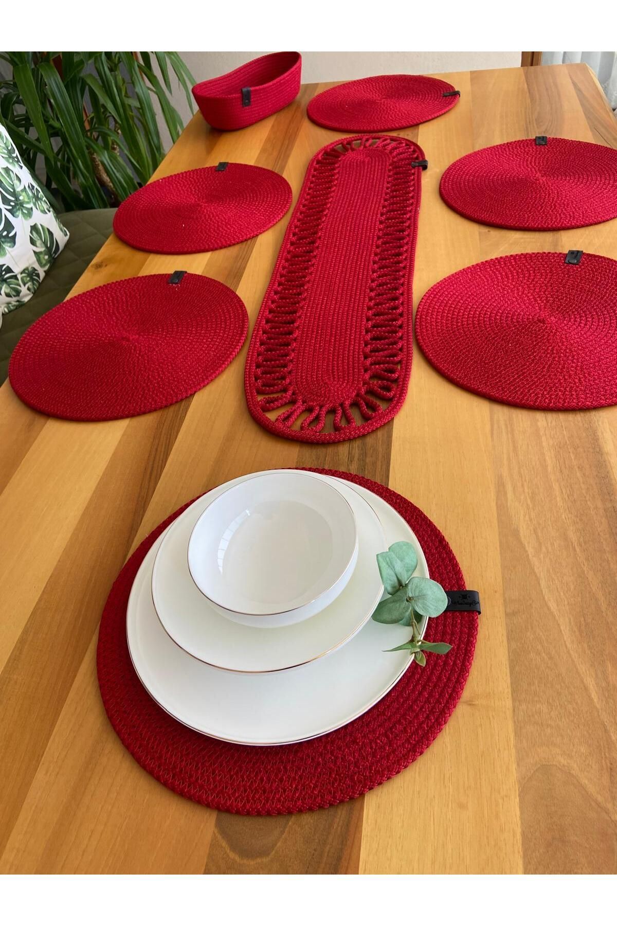 Nev Design 6 Adet Supla (Amerikan Servis), Runner ve Ekmek Sepeti Takımı,  Kırmızı