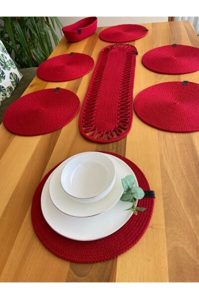 Nev Design 6 Adet Supla (Amerikan Servis), Runner ve Ekmek Sepeti Takımı,  Kırmızı