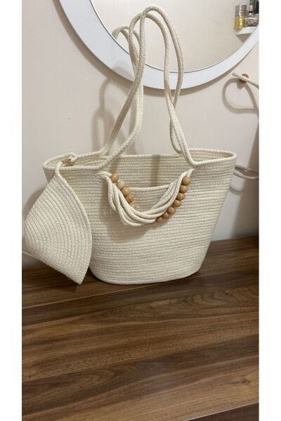 Nev Design Ahşap Boncuklu, Plaj, Günlük Çanta, Mini Cüzdanlı