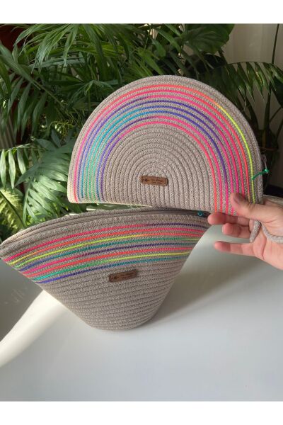 Nev Design D Clutch ve V Clutch  2'li Set, Jüt ,Koyu Bej, Renkli Çanta, El Çantası