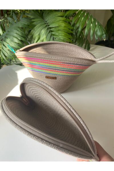 Nev Design D Clutch ve V Clutch  2'li Set, Jüt ,Koyu Bej, Renkli Çanta, El Çantası