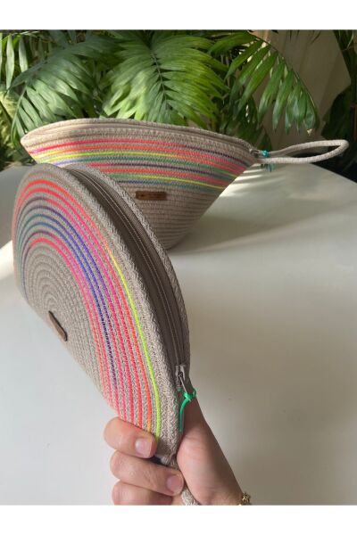 Nev Design D Clutch ve V Clutch  2'li Set, Jüt ,Koyu Bej, Renkli Çanta, El Çantası