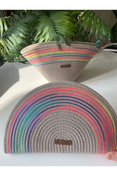 Nev Design D Clutch ve V Clutch  2'li Set, Jüt ,Koyu Bej, Renkli Çanta, El Çantası
