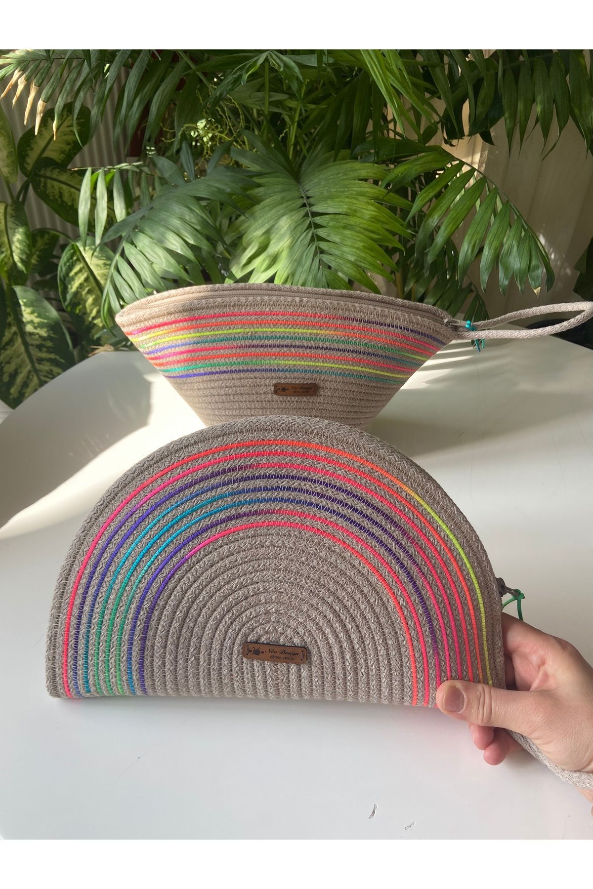 Nev Design D Clutch ve V Clutch  2'li Set, Jüt ,Koyu Bej, Renkli Çanta, El Çantası