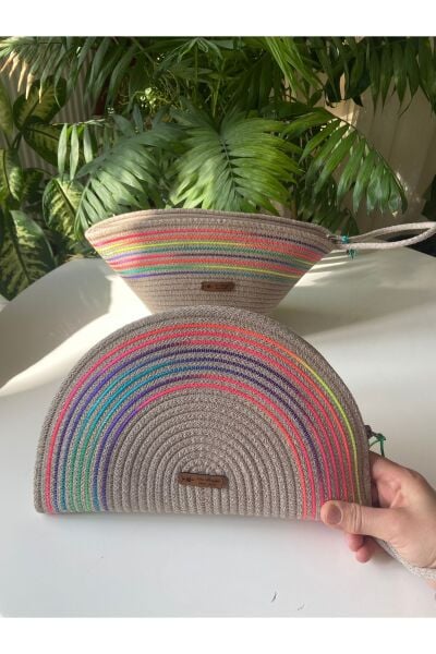 Nev Design D Clutch ve V Clutch  2'li Set, Jüt ,Koyu Bej, Renkli Çanta, El Çantası