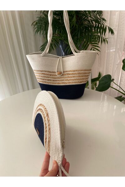 Nev Design Plaj Çantası, D-Clutch Çanta, Lacivert ve Krem Renk, Hasır Detaylı, 2'li Set