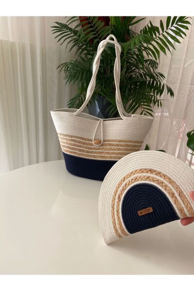 Nev Design Plaj Çantası, D-Clutch Çanta, Lacivert ve Krem Renk, Hasır Detaylı, 2'li Set