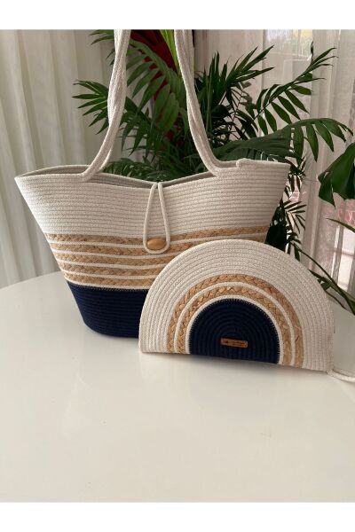Nev Design Plaj Çantası, D-Clutch Çanta, Lacivert ve Krem Renk, Hasır Detaylı, 2'li Set