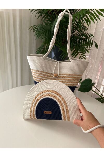 Nev Design Plaj Çantası, D-Clutch Çanta, Lacivert ve Krem Renk, Hasır Detaylı, 2'li Set