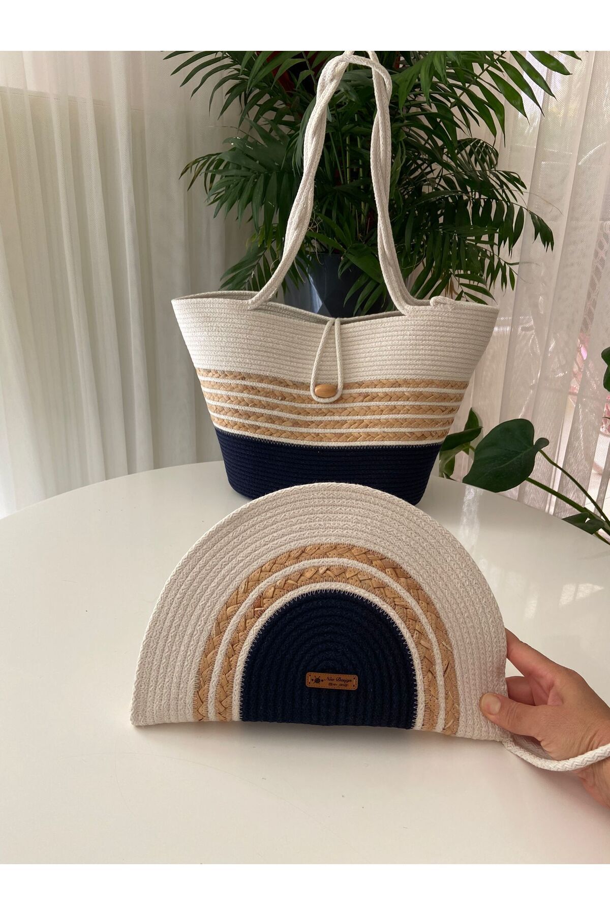 Nev Design Plaj Çantası, D-Clutch Çanta, Lacivert ve Krem Renk, Hasır Detaylı, 2'li Set