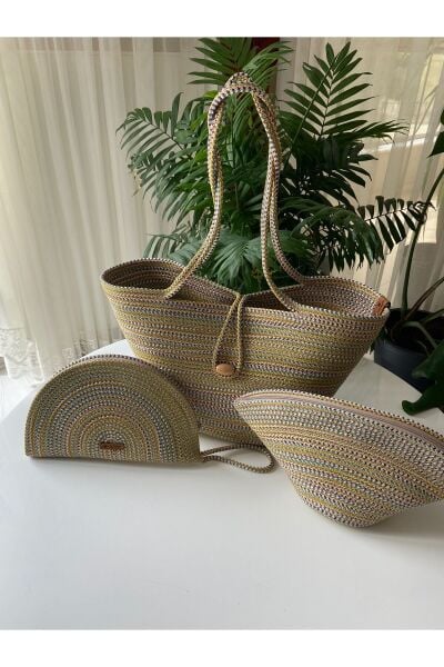 Nev Design Renkli Degradeli Plaj Çantası, D-Clutch ve V-Clutch Çanta 3'lü Set