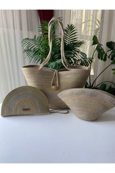 Nev Design Renkli Degradeli Plaj Çantası, D-Clutch ve V-Clutch Çanta 3'lü Set