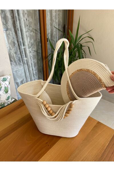 Nev Design 3'lü Set Boncuklu Plaj Çantası, D-Clutch ve Mini Midye Cüzdan, Jüt ve Krem Renk