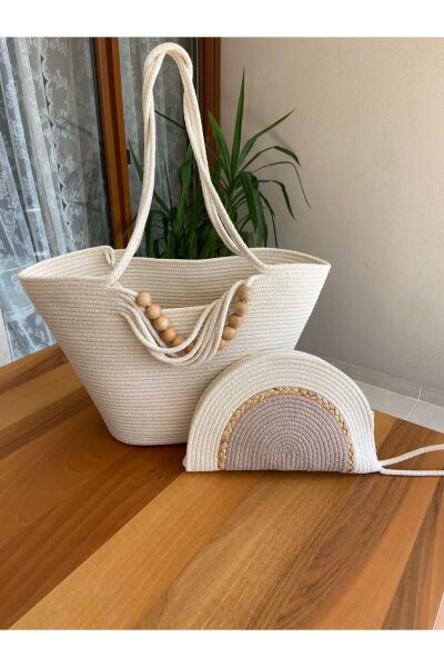 Nev Design 3'lü Set Boncuklu Plaj Çantası, D-Clutch ve Mini Midye Cüzdan, Jüt ve Krem Renk