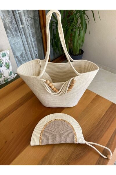 Nev Design 3'lü Set Boncuklu Plaj Çantası, D-Clutch ve Mini Midye Cüzdan, Jüt ve Krem Renk