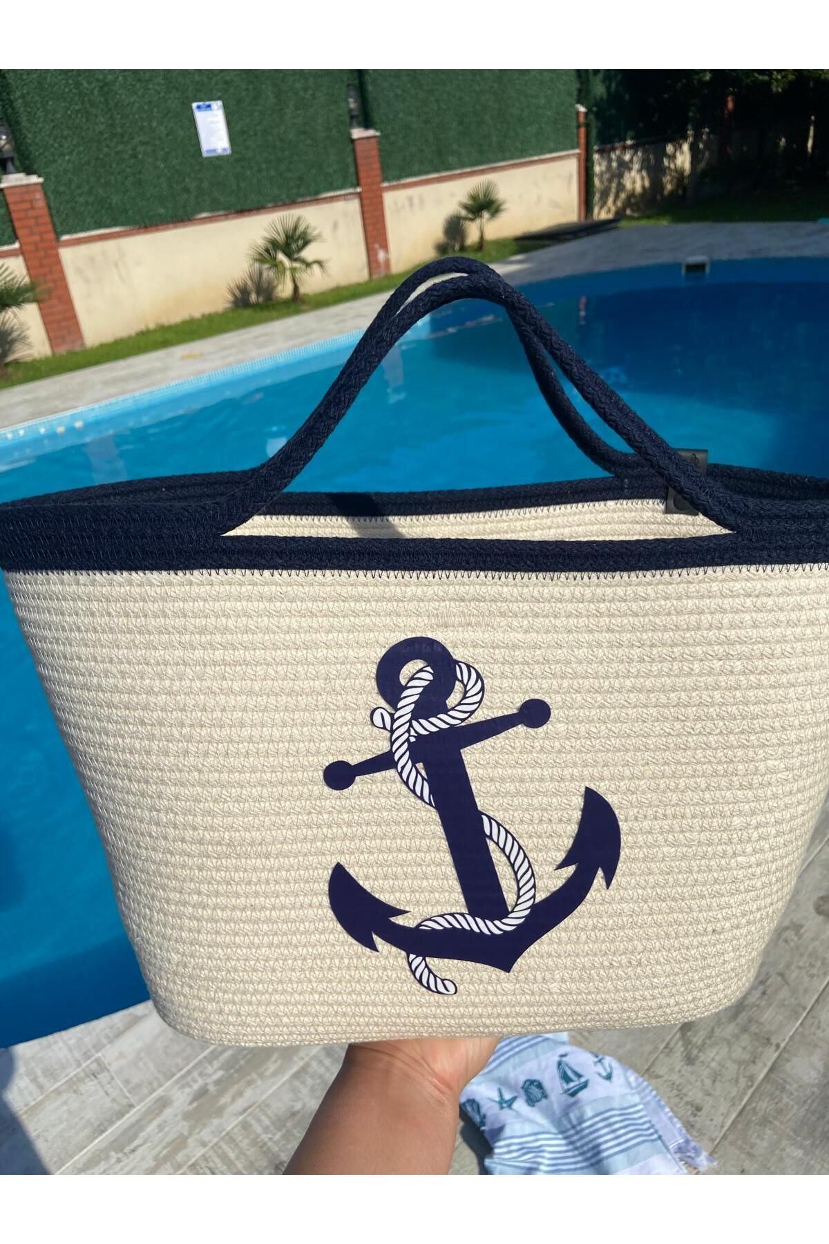Nev Design Krem Renk Çapa Baskılı Plaj Çantası