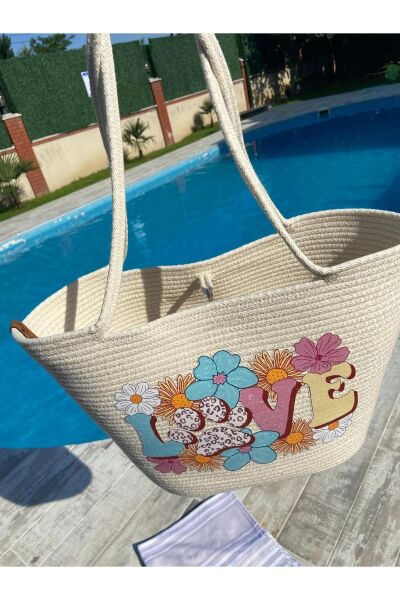 Nev Design Transfer Baskılı Krem Renk Plaj Çantası, Love