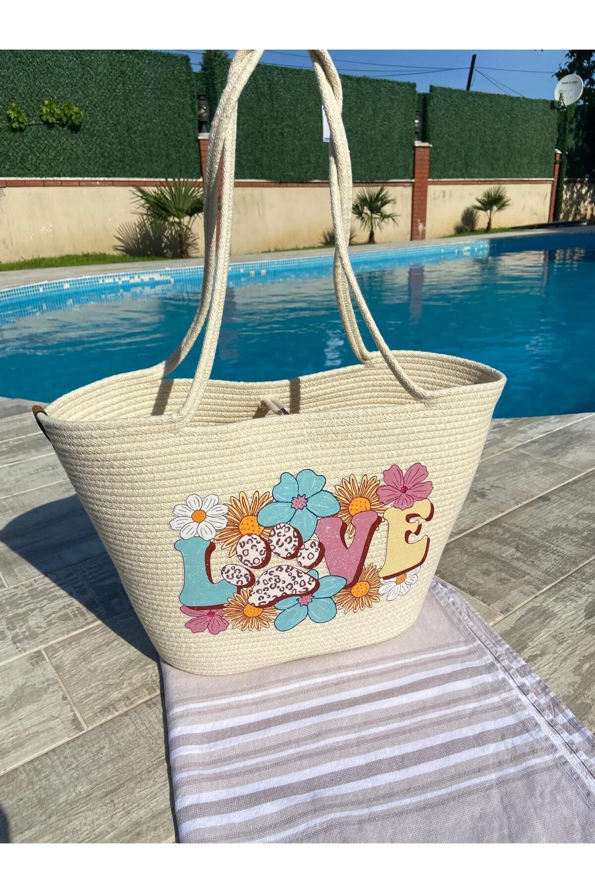 Nev Design Transfer Baskılı Krem Renk Plaj Çantası, Love