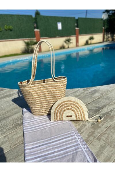 Nev Design Krem Hasır Detaylı Plaj Çantası ve D-Clutch 2'li Set