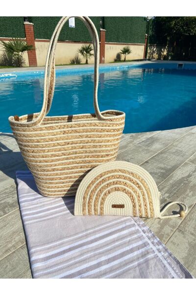 Nev Design Krem Hasır Detaylı Plaj Çantası ve D-Clutch 2'li Set