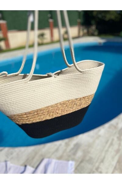 Nev Design Plaj Çantası, Siyah ve Krem Renk, Hasır Detaylı
