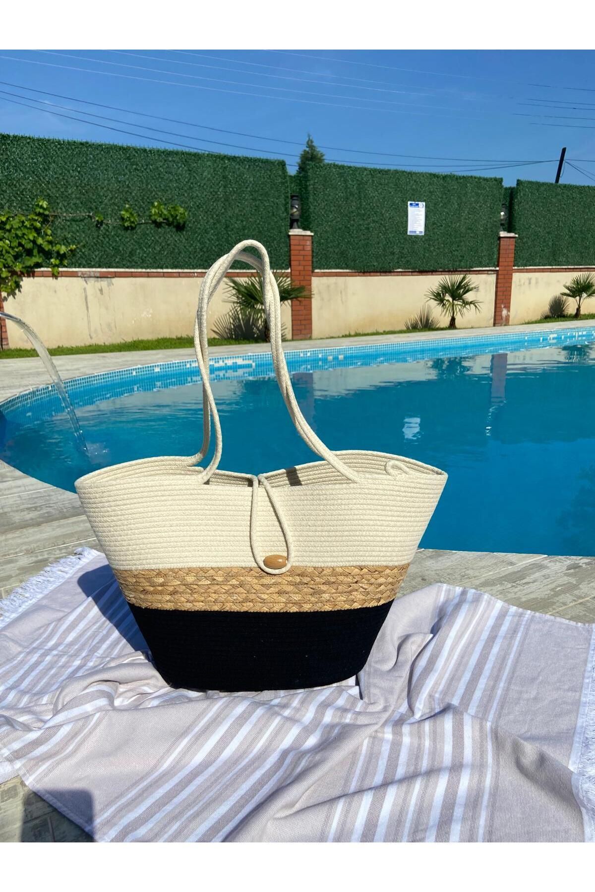 Nev Design Plaj Çantası, Siyah ve Krem Renk, Hasır Detaylı