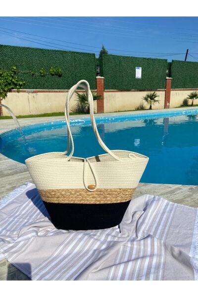 Nev Design Plaj Çantası, Siyah ve Krem Renk, Hasır Detaylı