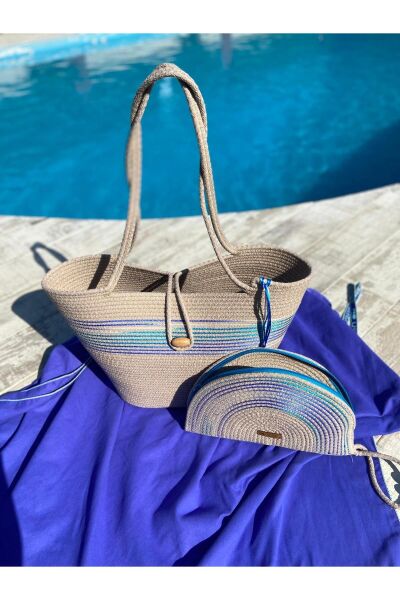 Nev Design 2'li Set Plaj Çantası, D-Clutch Çanta, Koyu Bej-Jüt  Mavi Renk Geçişli
