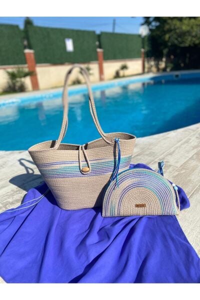 Nev Design 2'li Set Plaj Çantası, D-Clutch Çanta, Koyu Bej-Jüt  Mavi Renk Geçişli