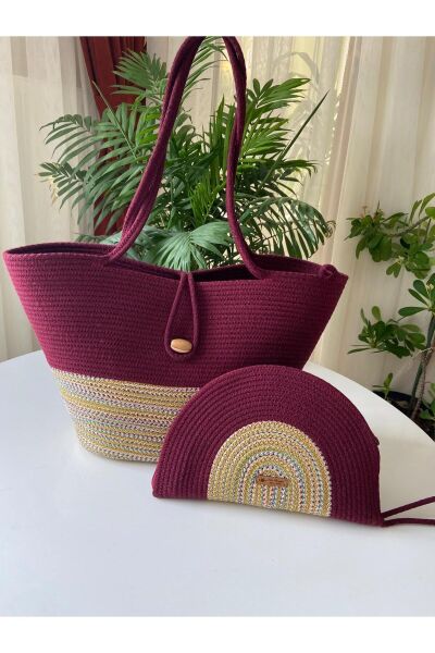 Nev Design 2'li Plaj Çantası & D Clutch Çanta, Degradeli Bordo