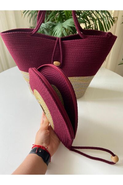 Nev Design 2'li Plaj Çantası & D Clutch Çanta, Degradeli Bordo