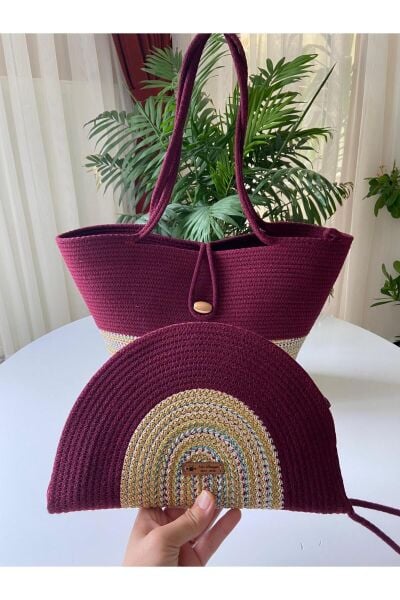 Nev Design 2'li Plaj Çantası & D Clutch Çanta, Degradeli Bordo