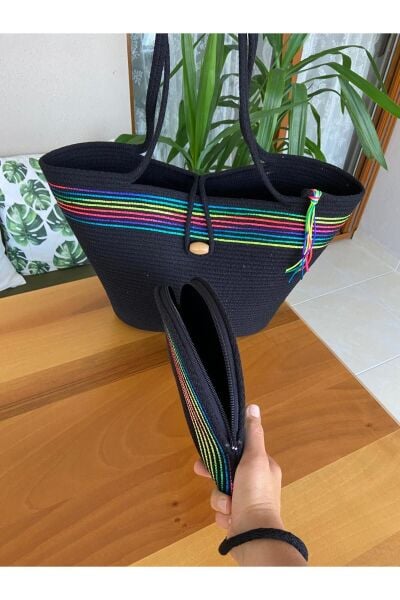 Nev Design 2'li Plaj Çantası & D Clutch Çanta, Siyah, Ebruli Detaylı