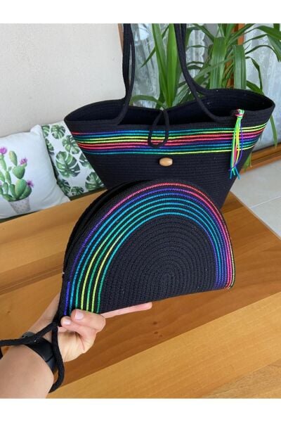 Nev Design 2'li Plaj Çantası & D Clutch Çanta, Siyah, Ebruli Detaylı